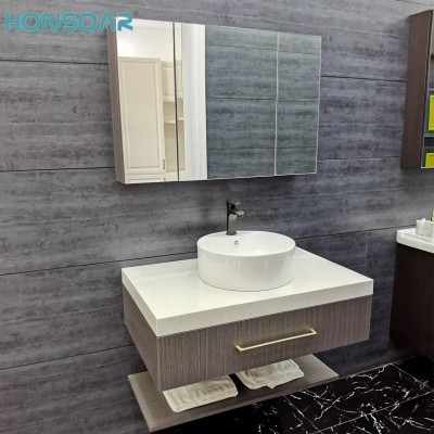 Modern Small Corner Waterproof LED Mirror Wall Mount Solid Wood Plywood Bathroom Cabinet